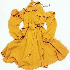 NWT Mustard Off-Shoulder Dress with Ruffle Detail